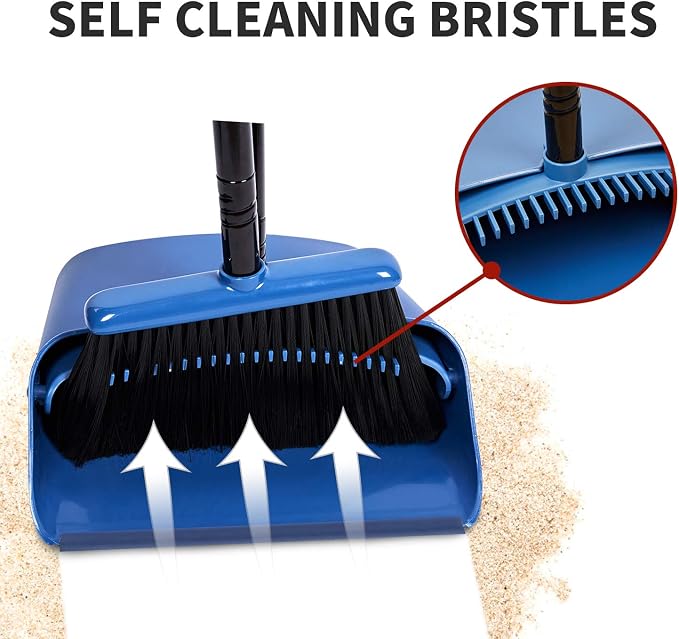 Long Handled Dustpan and Brush, Broom and Dustpan Set, Household Dust pan Combo with 54 Inch Handle for Indoor Outdoor Household Cleaning and Sweeping (Blue)