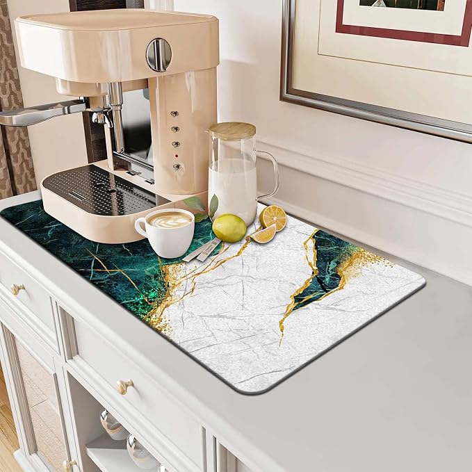 MCALK Marble Green Dish Drying Mat for Kitchen Counter, Marble Texture Dish Drying Pad with Anti-Slip Rubber Base, Absorbent Kitchen Sink Mat with Modern Art Decor (1 pc 18" x 16")