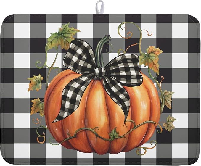Fall Drying Mats for Kitchen Counter Fall Pumpkin Dish Drying Mat 18 x 24 Inch Autumn Black White Buffalo Check Dish Rack Mat Drainer Pad Thanksgiving Absorbent Microfiber Table Mat for Coffee Bar