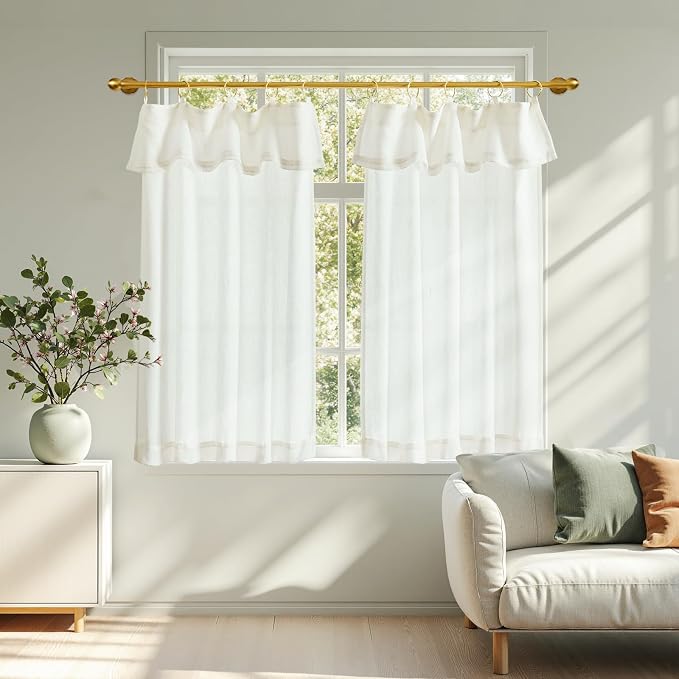 jinchan Linen Tier Kitchen Curtains, 30x36, 2 Panels, Beige White | Light filtering, rod pocket, farmhouse, small window decor, cafe style, machine washable, bathroom, laundry room, RV