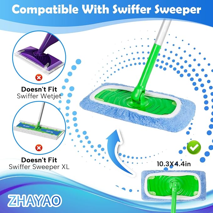 6 Pack Reusable Microfiber Mop Pads Compatible with Swiffer Sweeper, Dry Sweeping Cloths & Wet Mopping Cloths, Washable Mop Pads for Surface/Hardwood Floor Cleaning