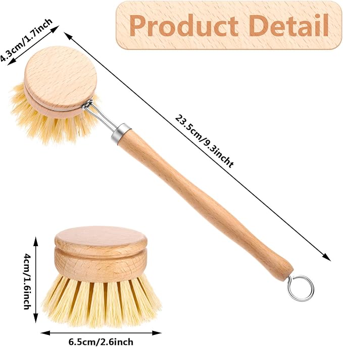 Boao 3 Pack Dish Brush with Beechwood Handle with Replacement Heads Natural Wood Dish Scrub Brush for Washing and Cleaning Pots and Pans