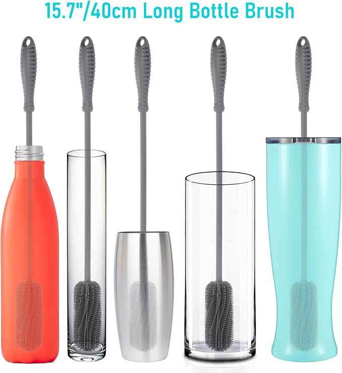 15.7" Silicone Bottle Brush, ddLUCK Water Bottle Cleaner Brush for Stanley, Hydroflasks, Glass, Thermos Sports Bottle, Vase and Glassware, Bottle Brush Cleaner for Small Narrow Neck Containers (Gray)