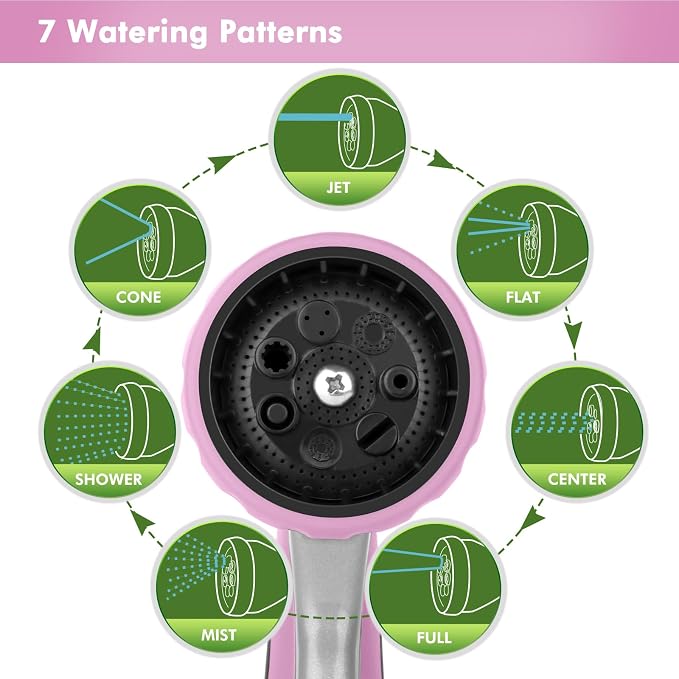 RESTMO Heavy Duty Metal Hose Wand, Watering Wand for Garden Hose | 180° Swivel Ratcheting Head, 16'' Hose Sprayer, 7 Spray Patterns, Flow Control, Ideal for Hanging Baskets & Shrubs, Pink