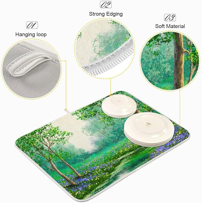 Absorbent Dish Drying Mat for Kitchen Counter - Green Tree Forest Microfiber Drying Pad, Reversible Drainer Mats for Countertop, Small 16 x 18 inch