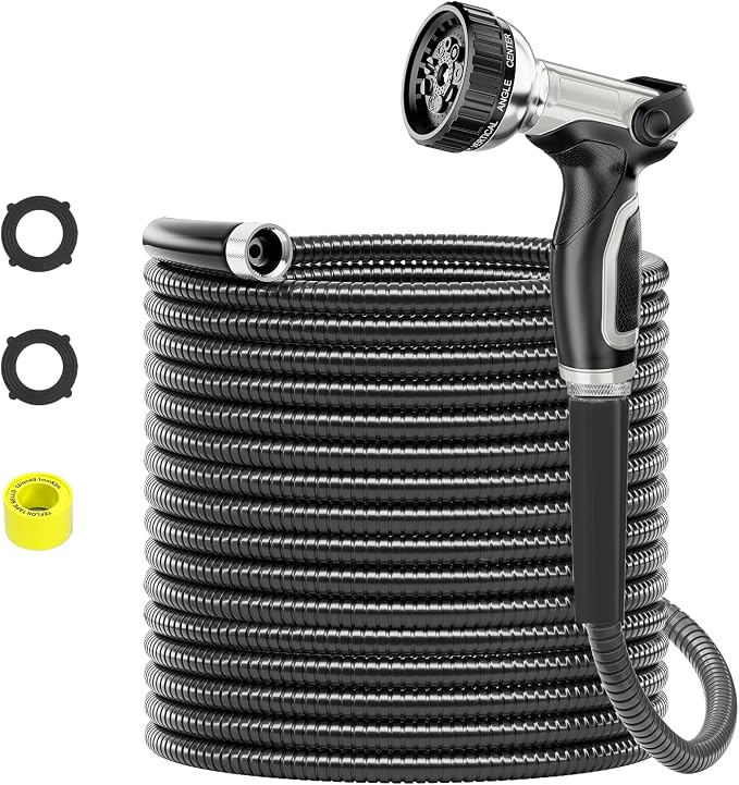 SPECILITE 50ft 304 Stainless Steel Metal Garden Hose with Nozzle (Black) | Puncture Resistant, Flexible, Never Kink & Tangle, Heavy Duty Water Pipe for Yard, Outdoor, Lawn
