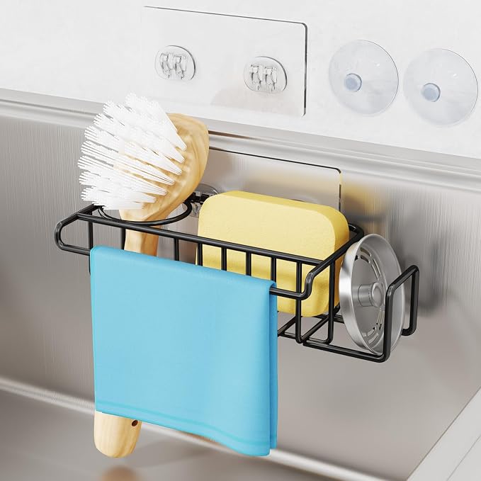 HapiRm 4 in 1 Kitchen Organizers and Storage, SUS304 Stainless Steel Brush Holder + Dish Cloth Hanger + Soap Rack + Sink Stopper Rack, No Drill Kitchen Essentials - Black