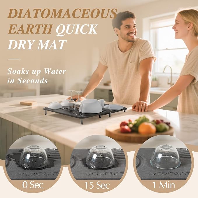 VERIFOST 2025 2PCs Large Drying Stone for Kitchen Counter, Stone Drying Mat for Kitchen Counter, Quick Drying Matt Kitchen Counter, Diatomaceous Earth Dish Mat with Non-slip Feet Midnight Gray