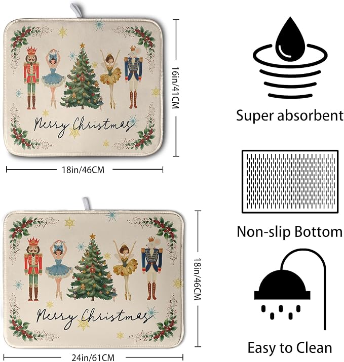 Merry Christmas Nutcracker Dish Drying Mat for Kitchen Counter 16x18 Inch Winter Xmas Tree Snowflakes Drying Mats Microfiber Absorbent Dish Drainer Washable Dish Rack Pad for Sink Coffee Bar