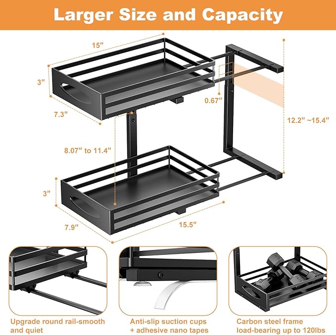 mixeshop Under Sink Organizer, 2 Tier Under Sink Organizers and Storage, Adjustable Height, Slide out Metal Cabinet Organizers, Pull out Cabinet Storage Drawer Shelf for Kitchen Bathroom (Black, 2)
