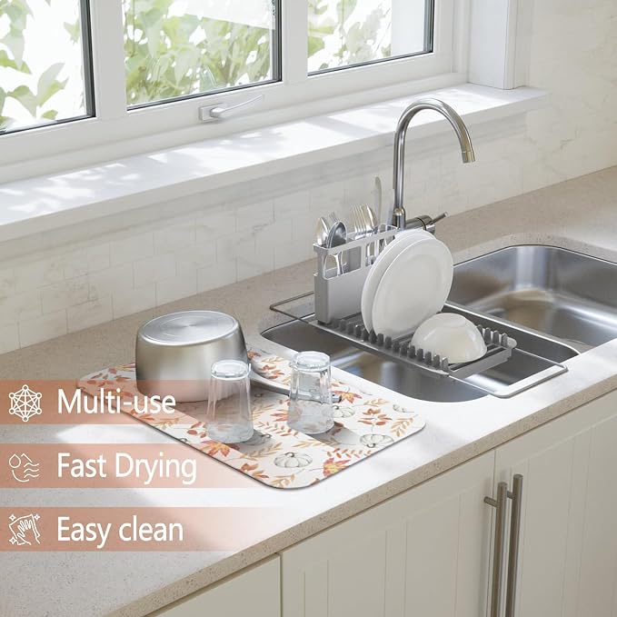 Fall Dish Drying Mat 2-Pack in White Pumpkin for Kitchen Counter Dishes | Diatom Mud Mats (18x24, 19.5x12"). Non-slip rubber back for kitchen counter, coffee bar & sink scenes
