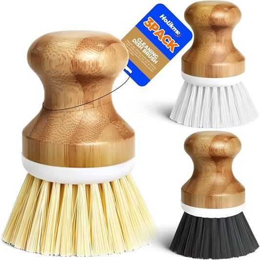 Holikme Bamboo Palm Brush Dish Brushes Vegetable Scrubber Round Natural Scrub Brush Cleaning Kit for Cleaning Saucepans, Pots, Pans and Vegetables, White Yellow Black