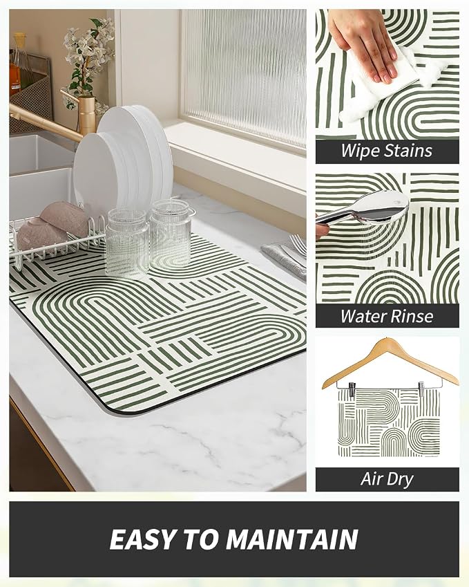 AMOAMI Coffee Mat Hide Stain Rubber Backed Absorbent Dish Drying Mat for Kitchen Counter - Fits Under Coffee Maker & Dish Rack - Green Line 12x19