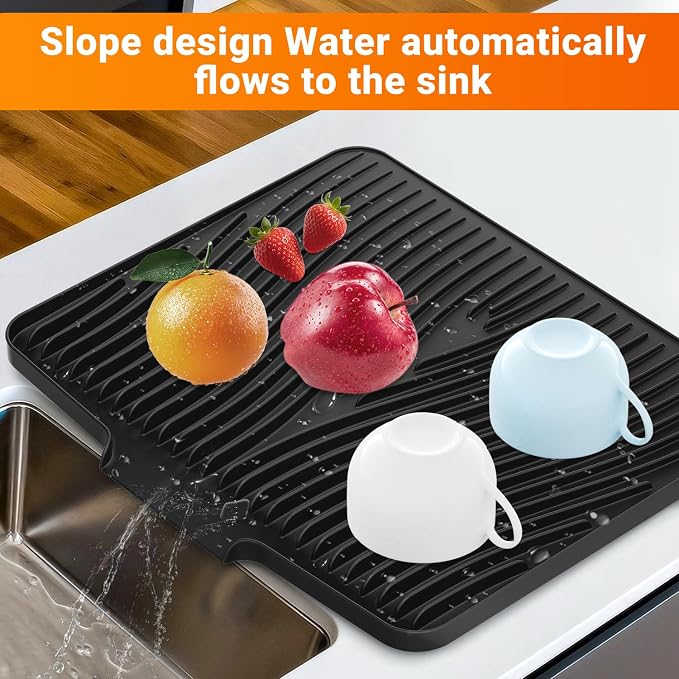 Silicone Dish Drying Mat for Kitchen counter, 19.7"x17" Extra Large Non-Slip Drain Pad with Built-in Drainage, Heat Resistant Dishwasher Safe, Black