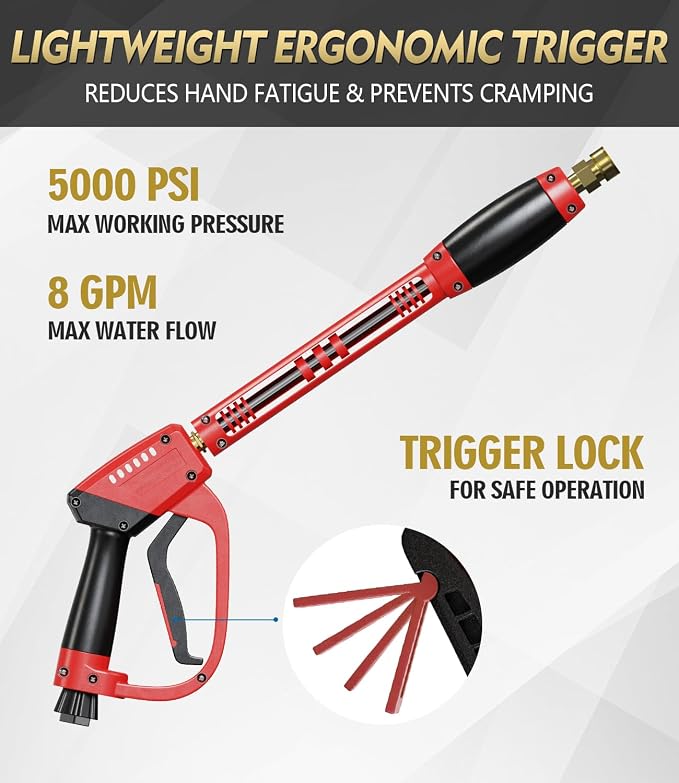 Pressure Washer Gun and Hose Kit, 4800PSI Flexible & Kink-Resistant - Steel Braided & Durable High Power Washer Hose 100 FT with 3/8" Swivel Quick Connector and M22 14mm Adapters & 5 Nozzles