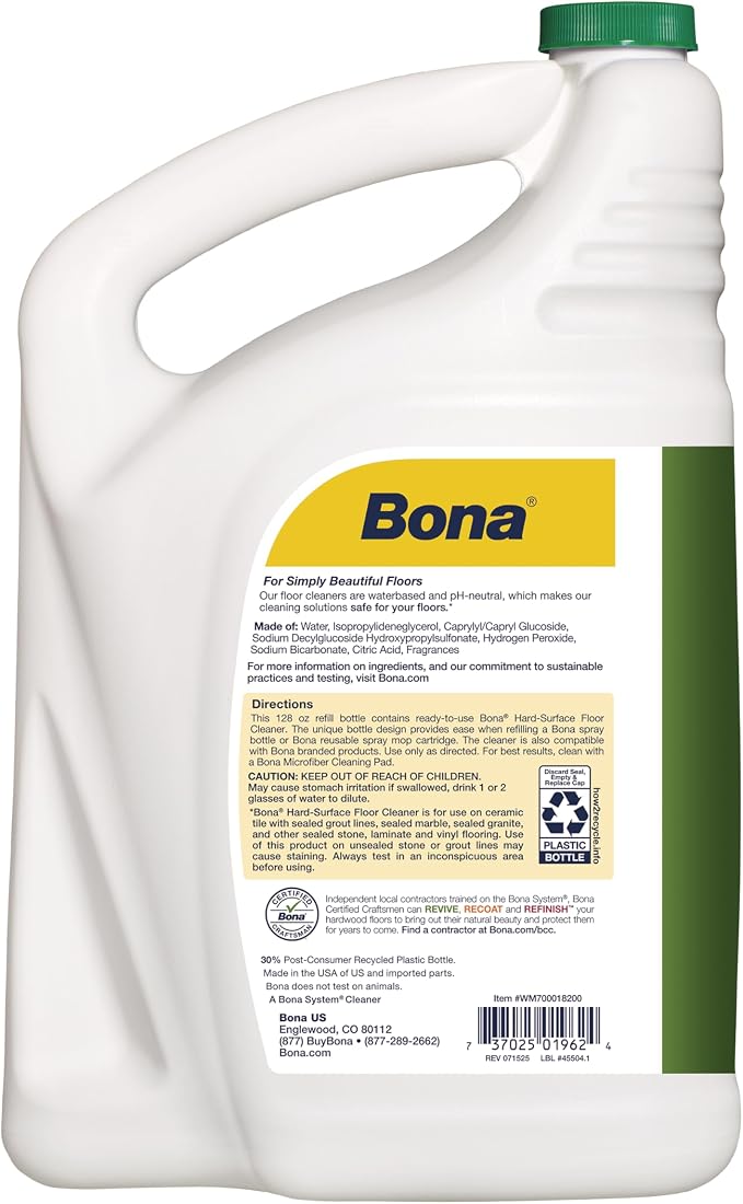 Bona Multi-Surface Floor Cleaner Refill - 128 fl oz - Lemon Mint | Residue-Free Floor Cleaning Solution Refill for Spray Mop and Spray Bottles - Use on Stone, Tile, Laminate, and Vinyl Floors