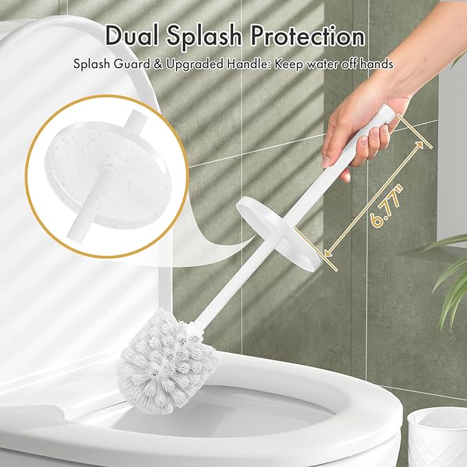 Toilet Bowl Brush and Holder Set 2 Pack with 4 Extra Brush Heads | Extra Long Handle with Splash Guard Cover, Tool-Free Installation, Bathroom Space-Saving, Cleaner Sets for Apartments, RV (White)