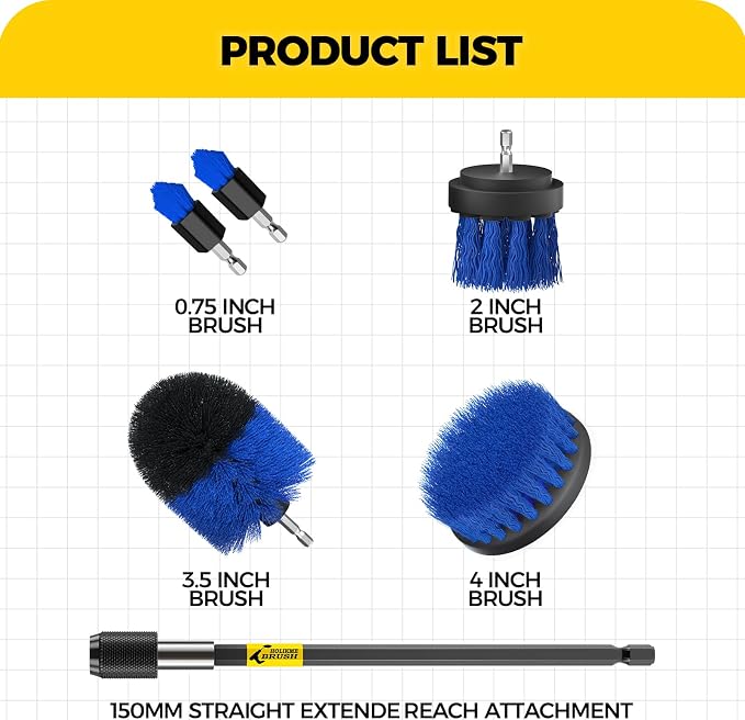 Holikme 6Pc Drill Brush Set - Scrub Brushes with Extension for Home Clean | 5 Head Sizes, Blue Nylon Fibers, Power Scrubber Attachments for Tile, Tub, Shower, Floors, Kitchen and Auto Interior Care