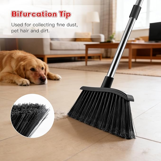 Broom and Step-on Dustpan Set, 59-in Adjustable Long Handle Broom with Dustpan Combo Set Outdoor Angle Broom for Sweeping Indoor Dust Pet Hair for Cleaning Kitchen Garage Deck Patio, Black