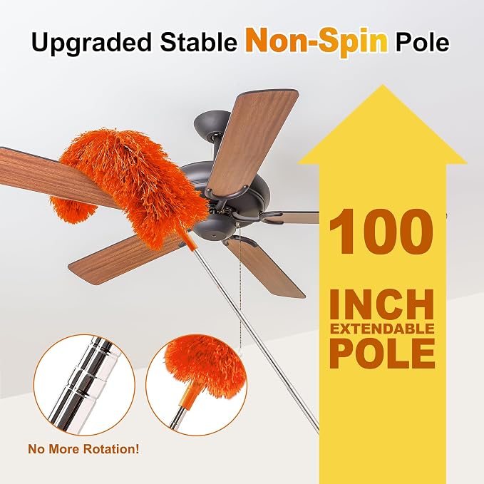 Tiumso 5-in-1 Duster with Extension Pole 100” Extendable Dusters for Cleaning Reusable Anti-Spin Dusting Kits for High Ceiling Fans, Cobwebs & Vents, Reinforced Stainless Steel Telescopic Handle
