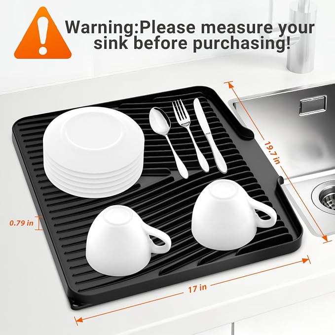 Silicone Dish Drying Mat for Kitchen counter, 19.7"x17" 2Pcs Extra Large Non-Slip Drain Pad with Built-in Drainage, Heat Resistant Dishwasher Safe, Black