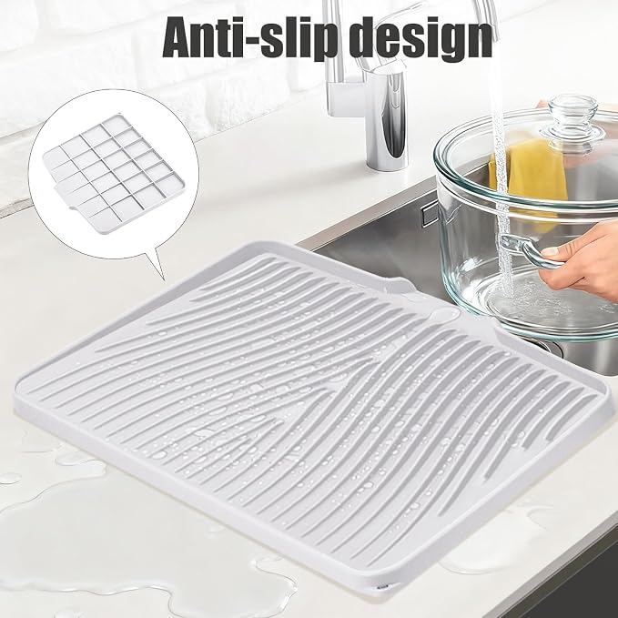 TIKNIK Silicone Dish Drying Mat for Kitchen Counter - Heat Resistant & Non-Slip Dish Drain Pad with Built-In Drain, Dishwasher Safe, Quick-Dry, Hangable & Roll-Up for Storage, White-1pcs, 16" x 12"