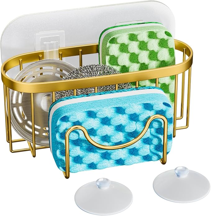 HapiRm Multifunctional Sponge Holder - 2 Installation Methods Sink Caddy with Unique M-shaped, Stainless Steel Kitchen Sink Organizer for Sponge, Brush, Stopper and Scraper - Gold