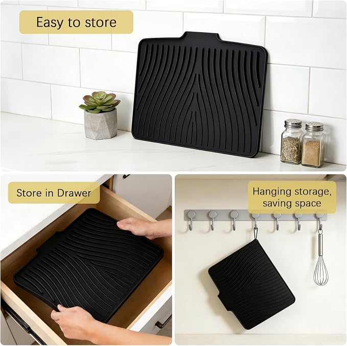 Silicone Drying Mat, 16"X13" With Built-in Drain Lip,Heat-Resistant,Eco-friendly,Hygienic Drying Pad,Leak-Proof and Non-Slip,Silicone Dish Drying Mat for Kitchen Counter or Sink（Black 16X13）