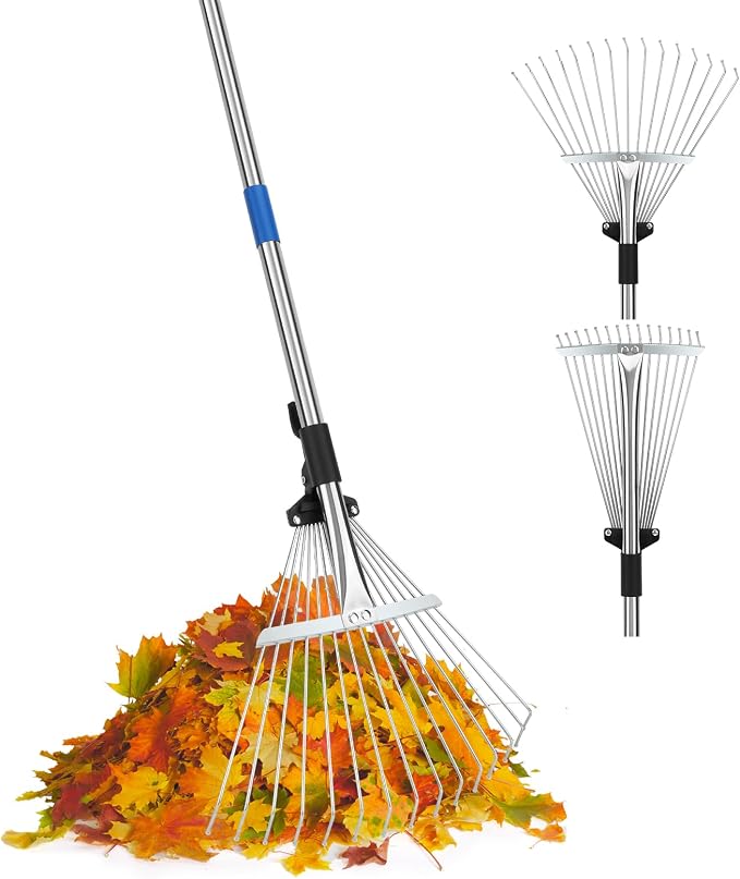 SANLIKE 68" Adjustable Metal Leaf Rake, Heavy Duty Lawn Thatch Rake | Sturdy metal rake head with extendable 68-inch adjustable handle, heavy-duty durable structure for lawn thatch & leaf cleanup