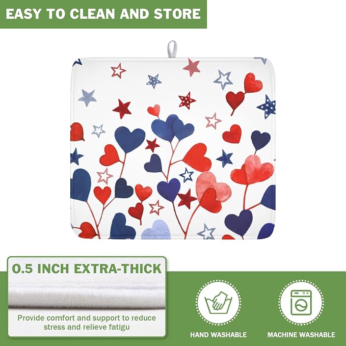 4th of July Dish Drying Mat for Kitchen Counter Patriotic Red Blue Star Love Heart Pattern Microfiber Dish Drainer Mat Independece Day Absorbent Washable Drying Pad 16"x18"