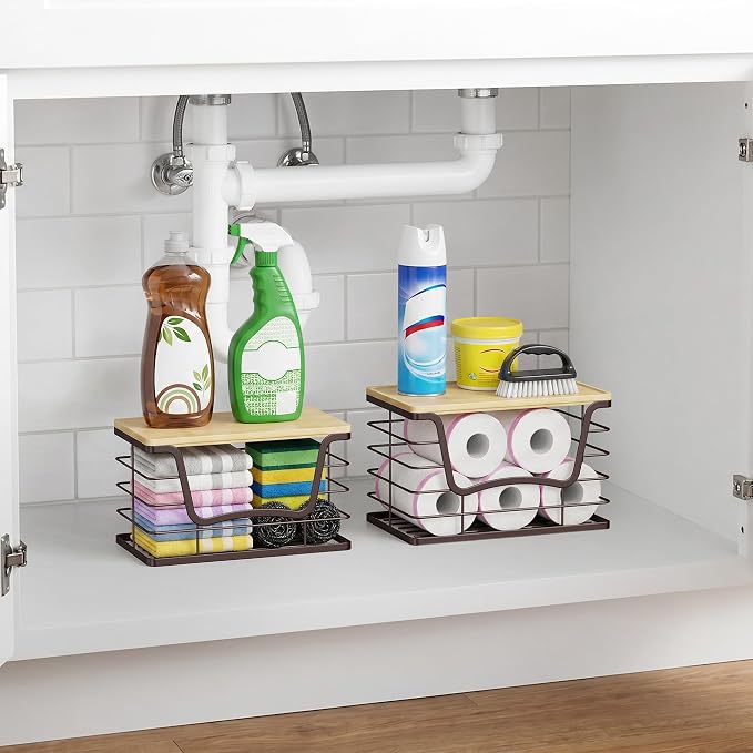 ALOCEO 2 Pack Stackable Wire Storage Basket with Bamboo Lid, Stainless Steel Extra Large Trash Bag Dispenser Roll Holder for Kitchen Sink, Laundry, Pantry Organizer and Storage, Brown