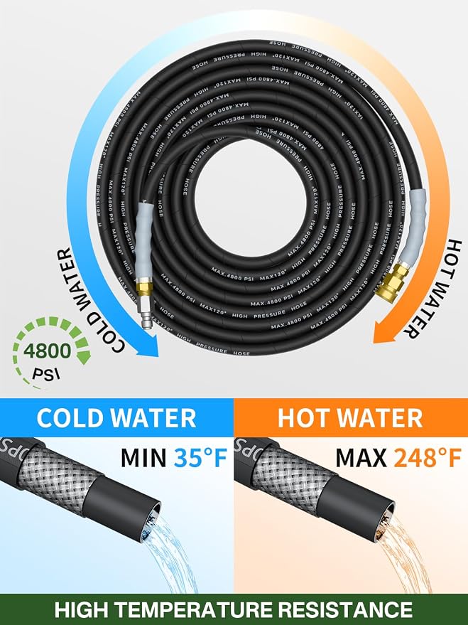 3/8" 4800PSI Pressure Washer Hose 125FT Swivel Quick Connect | Power Washer Hose for Cold/Hot Water Max 248°F, Kink Resistant Steel Wire Braided, Wear Resistant with M22 14mm Adapter