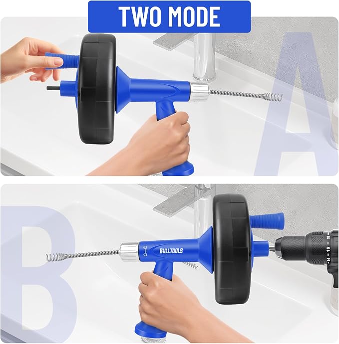 BULLTOOLS Drain Auger, 25FT Drain Clog Remover with Drill Adapter, Flexible Snake Drain Hair Removal Tool for Kitchen Sink, Bathtub, and Shower Comes with Gloves and Storage Bag