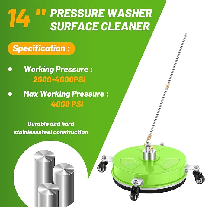 LidoDola 14'' Pressure Washer Surface Cleaner Green, Power Washer Accessory | Stainless Steel Housing with 4 Wheels, 1/4" QC, 2 Extension Wands & 2 Replacement Nozzles, for Gas & Electric Pressure Washer