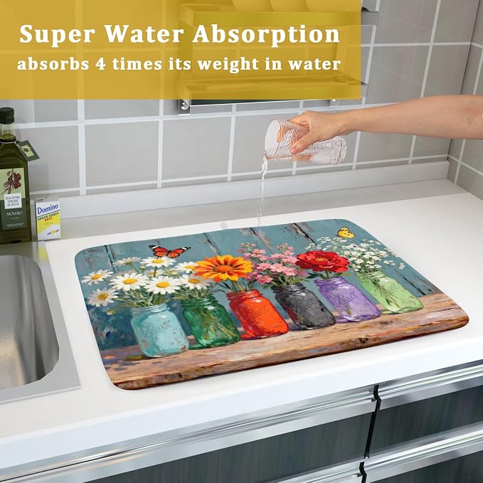 Dish Drying Mat for Kitchen Counter 18x24, Spring Summer Floral Decorative Absorbent Reversible Microfiber Kitchen Countertop Protector Dishes Drainer Pad