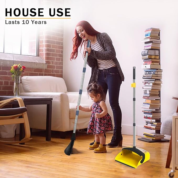 2-Pack is More economical，Brooms with Dustpan Combo Set，with 52" Long Handle, Dustpan Teeth with self-Cleaning Function, Indoor and Outdoor Sweeping, Perfect for Home Office (Large/Yellow /2-Pack)