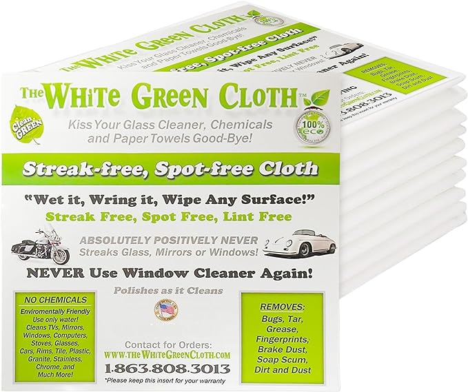 The White Green Cloth 10-Pack Reusable Cleaning Cloths for Streak-Free Windows, Mirrors & All-Purpose Cleaning – Chemical-Free, Absorbent, Non-Abrasive, 16" x 16" White Cleaning Rags, Made in The USA