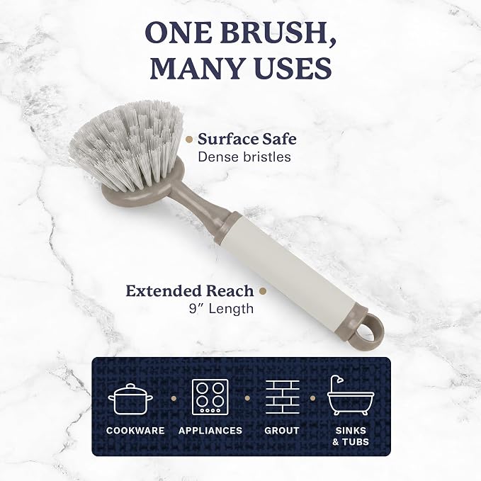 Farberware Dish Brush with Handle, 2 Pack, Firm Bristles | Kitchen scrub brush and dish scrubber removes grease, reaches pot and pan edges, 9in, round head, soft-grip design