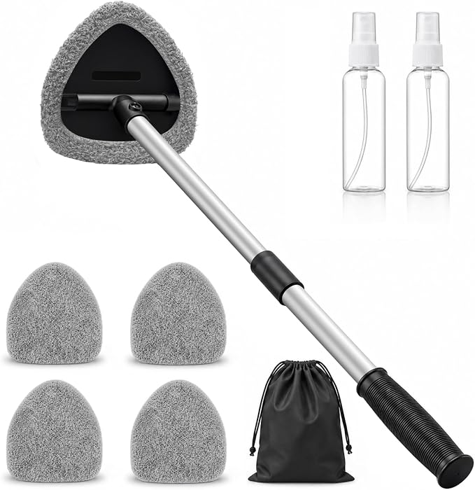 25.5" Extra-Long Reach – Super Absorbent Coral Velvet Windshield Cleaner Tool, Streak-Free Windshield Cleaning Tool Kit with 5 Pads, 2 Spray Bottles & Storage Bag for Auto Glass & Home Windows, Gray