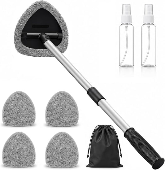 25.5" Extra-Long Reach – Super Absorbent Coral Velvet Windshield Cleaner Tool, Streak-Free Windshield Cleaning Tool Kit with 5 Pads, 2 Spray Bottles & Storage Bag for Auto Glass & Home Windows, Gray