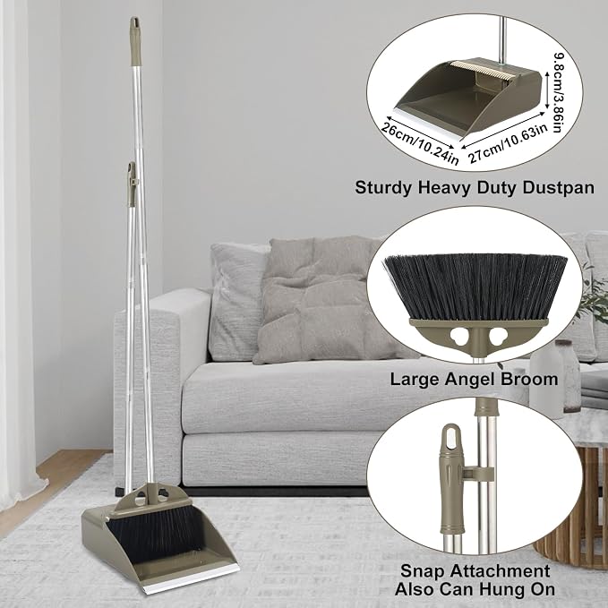 Upgrade Broom with Dustpan Combo Set,48'' Long Handle Stiff Broom Bristles with Heavy Duty Dust Pan,Indoor Outdoor Easy Sweeping for Kitchen Lobby Garage Home