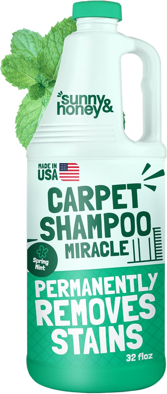 Sunny & Honey Carpet Cleaner Shampoo Solution for Machines, 32floz Mint | USA Made - Stain and Odor Eliminator - Cleans Carpets and Upholstery - For Upright and Spot Cleaners - Concentrated Formula