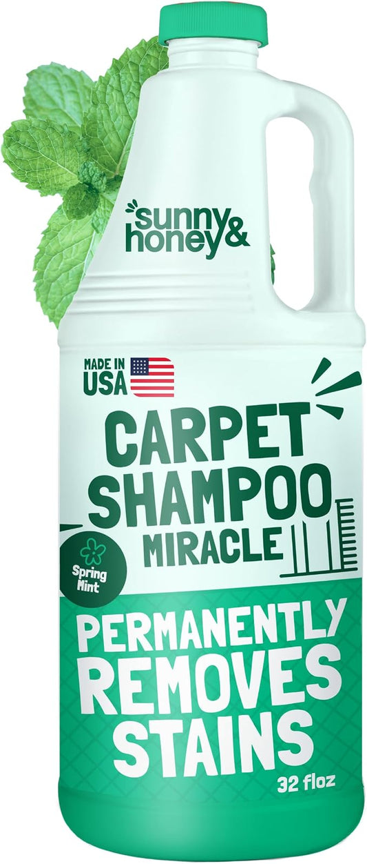 Sunny & Honey Carpet Cleaner Shampoo Solution for Machines, 32floz Mint | USA Made - Stain and Odor Eliminator - Cleans Carpets and Upholstery - For Upright and Spot Cleaners - Concentrated Formula