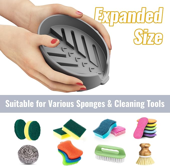 NiHome Silicone Sponge Holder for Kitchen Sink, Fits Scrub Daddy Mommy | Self-Draining Dispenser Organizer Tray, Sink Caddy Countertop Fits Soaps, Scrubber, Dishwasher Safe, Includes Brush,Dark Gray