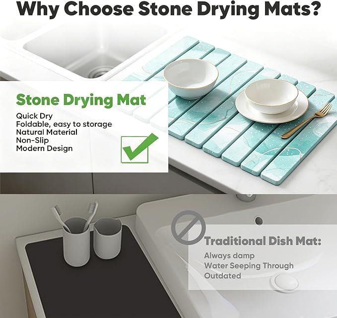 Stone Drying Mat for Kitchen Counter, Quick Diatomaceous Earth Mats for Dishes, 24"L x 16" W Super Absorbent Fast-Drying Collapsible Countertop Stone Mat (Marble White Green-01, 24" x 16")