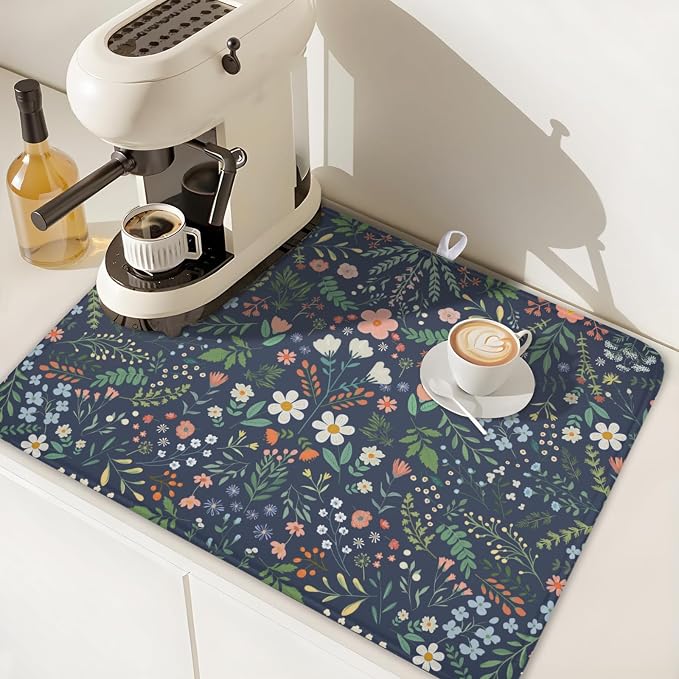 Floral Dish Drying Mat for Kitchen Counter Rustic Flower Leaves Print Microfiber Dish Drainer Mat Farmhouse Floral Absorbent Washable Drying Pad Extra Large 18"x24"
