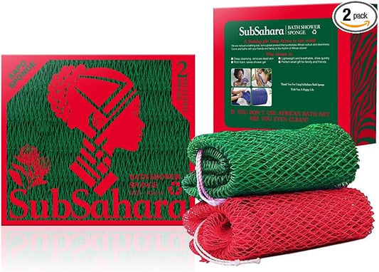 SubSahara Authentic African Net Sponge - 2 Pack Exfoliating Bath & Shower Loofah Sponge for Body & Face, Gentle Scrubber for All Skin Types, Travel, Durable (Red & Green)