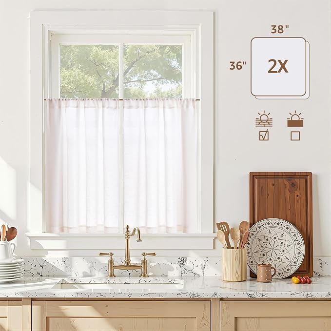jinchan Linen Kitchen Tier Curtains, 38x36, 2 Panels, Beige White | Light filtering, linen blend, rod pocket, farmhouse style, rustic decor, kitchen, bathroom, laundry room, RV, small windows