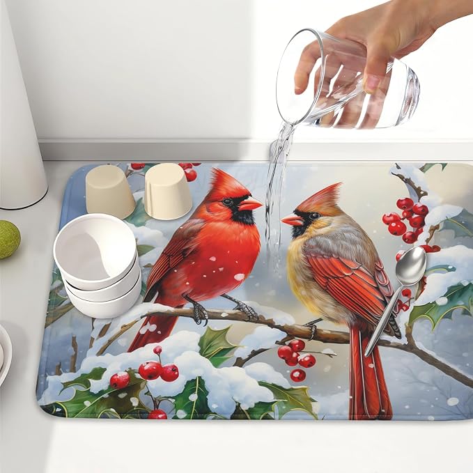 Winter Cardinal Birds Dish Drying Mat, Holly Berry Branches Dish Drying Mat for Kitchen Counter, Red Birds Absorbent Fast Dry Dish Drainer Mat Protector Xmas Microfiber Dish Drying Pad 18x24 Inch