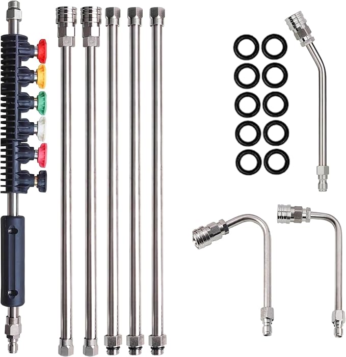 LIULO TOOL 9 Pack Pressure Washer Extension Wand, Stainless Steel Power Washer Lance with 6 Nozzle Tips for Gutter Cleaning, 3 Gutter Cleaner Attachments Curved Rod, 1/4 inch Quick Connect, 4000 PSI
